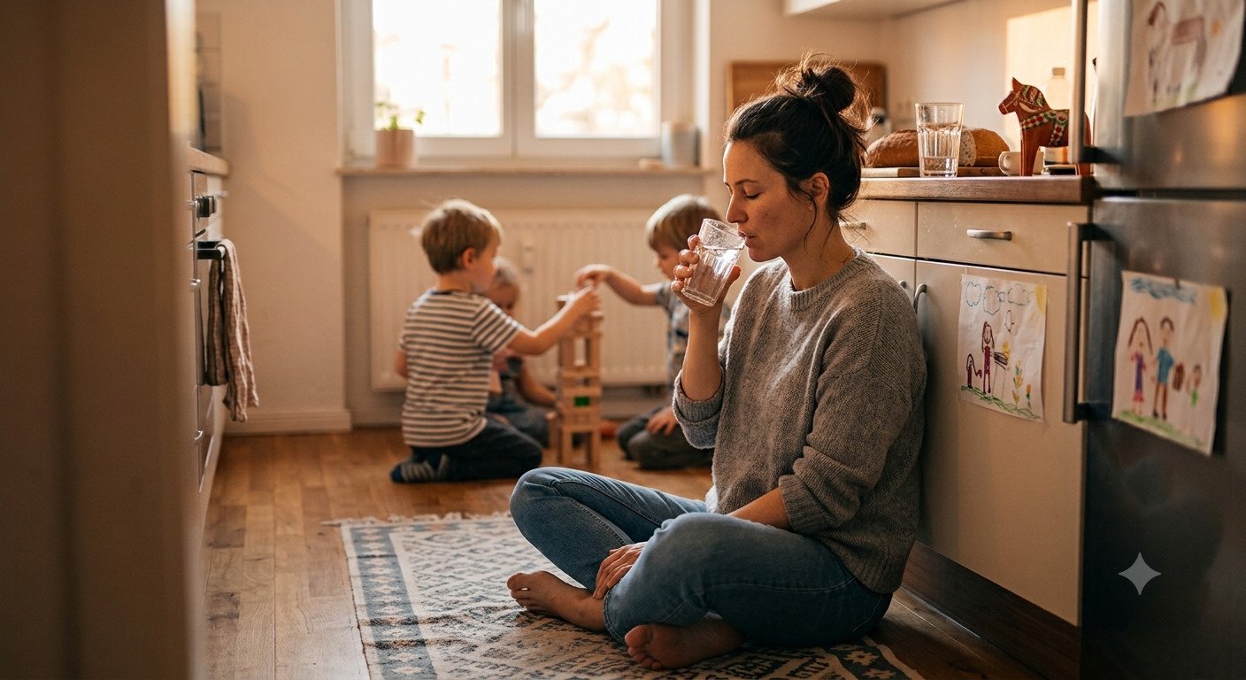 Mother sits on the kitchen floor mindfully drinking a glass of water while her two children play with building blocks in the background
