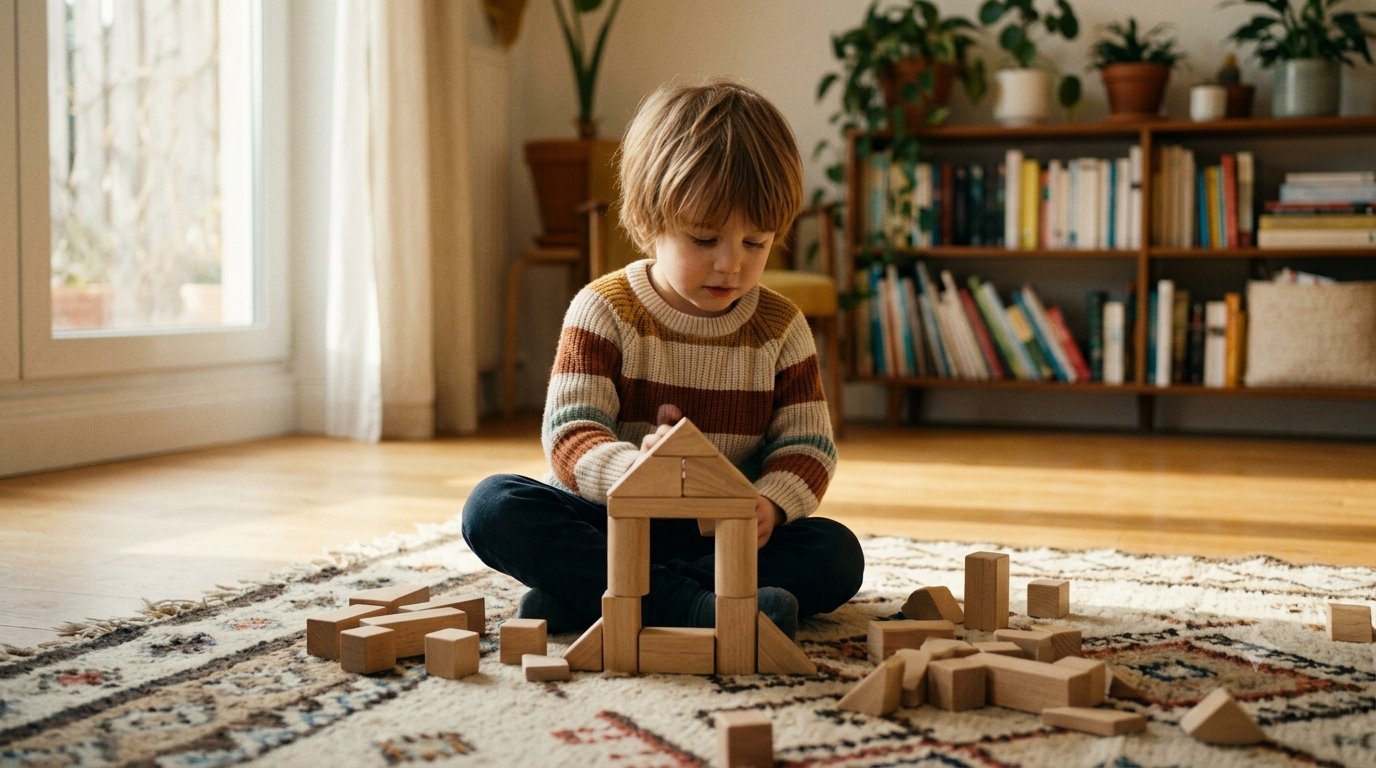 Child sitting on a rug building a house out of wooden blocks