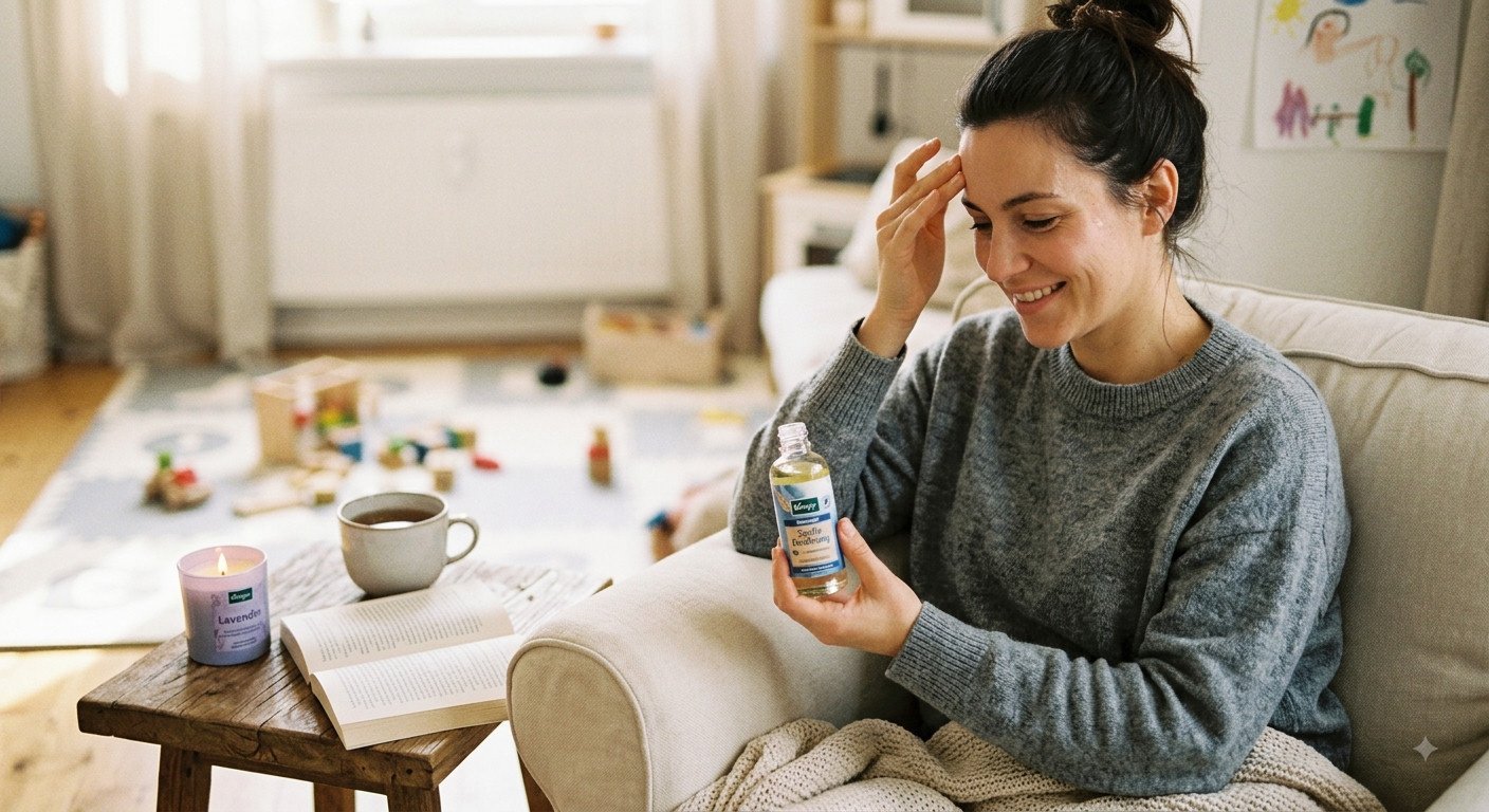 Mother relaxing with a smile on the couch, holding a bottle of massage oil, with a candle, tea, and an open book in the background