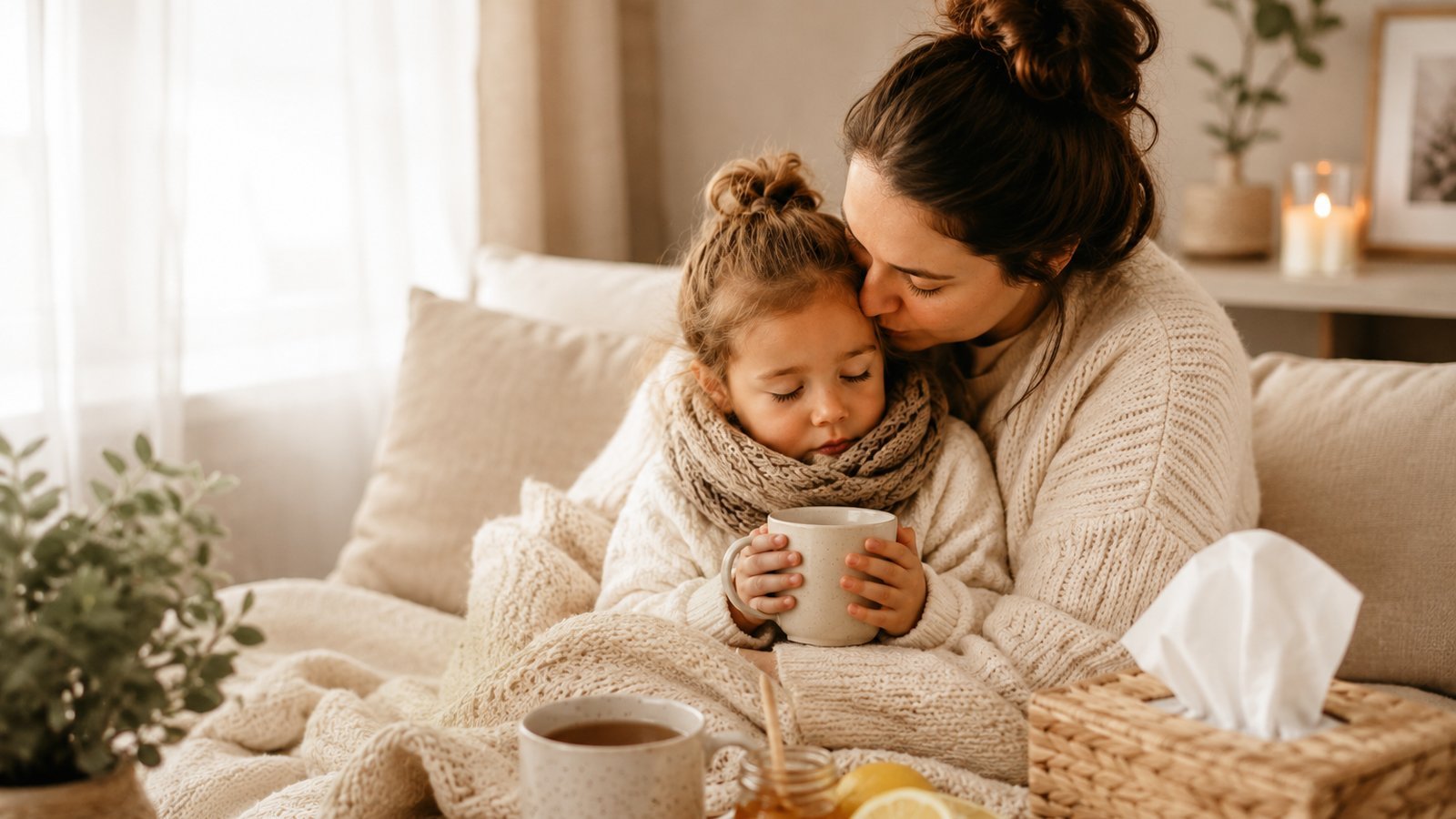 Mother holds her sick daughter, wrapped in a blanket, on her lap, with tea, honey, and lemon on a tray in front of them