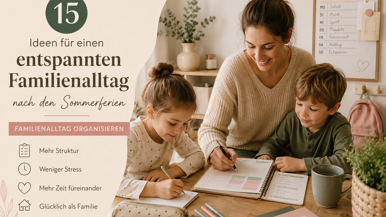 A mother sits with her daughter and son at the kitchen table going through a weekly planner together, with a schedule pinned on the wall behind them