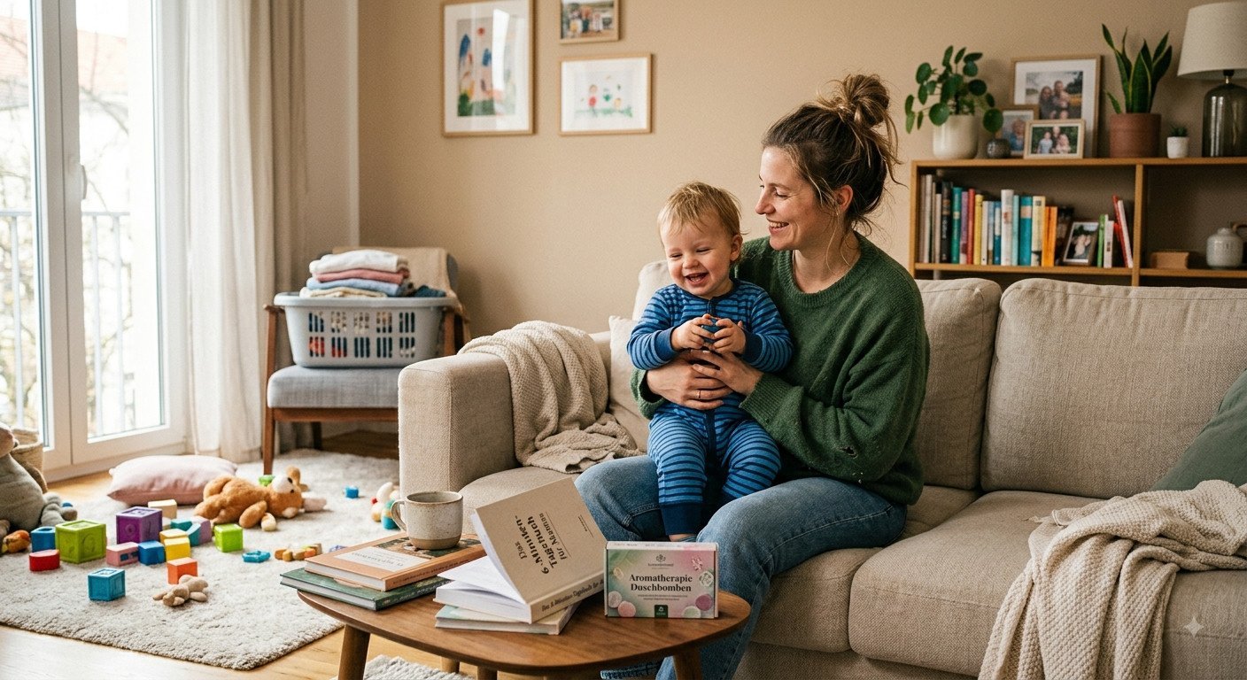 Mother laughing with her toddler on the couch, toy chaos in the background, the 5-Minute Journal and aromatherapy shower steamers on the table
