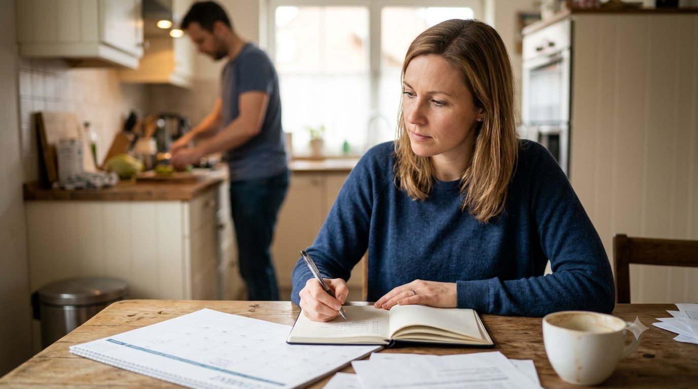 Woman writing in a planner at the kitchen table while her partner cooks in the background