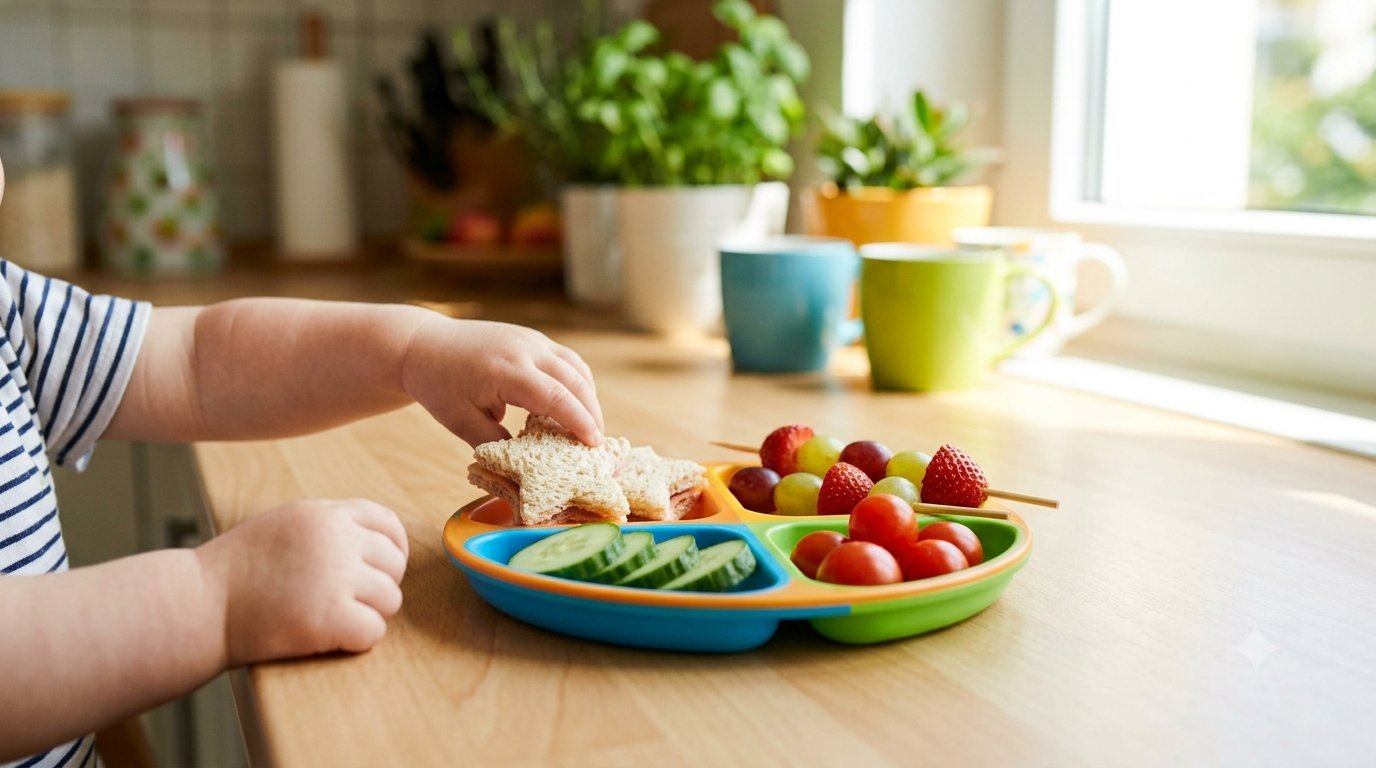 Child's hand reaching for a star-shaped sandwich on a colorful divided plate with fruit and vegetables
