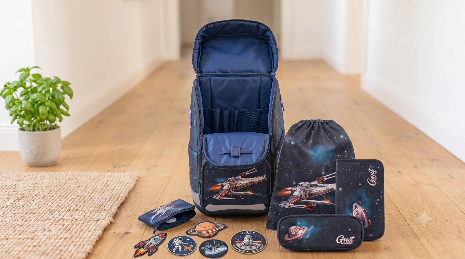 Open space-themed ergonomic school backpack set with gym bag, pencil cases, and sticker patches